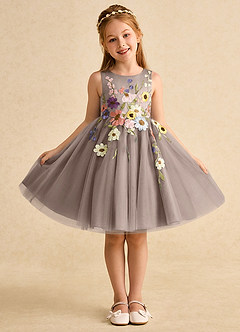 Azazie Prima Flower Girl Dresses Taupe A-Line Bow Tulle Dress image1