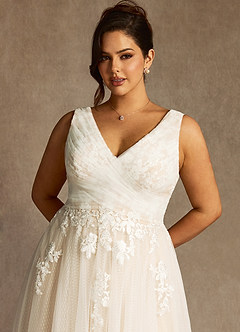 Azazie Alemia Wedding Dresses Diamond White Champagne A-Line Lace Tulle Dress image4