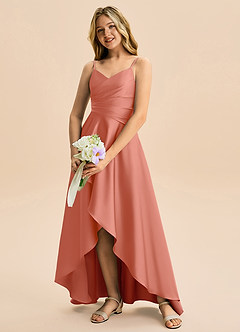 Azazie Eirlys Junior A-Linie Plissee Stretch-Satin Kleid Lachsrosa image4