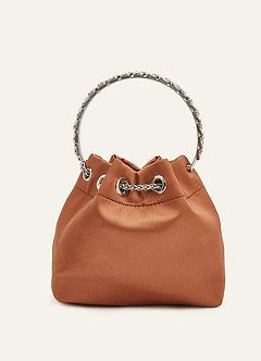 front Crystal Hoop Handle Satin Bucket Bag