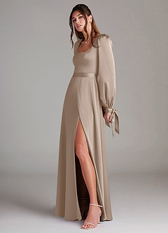 Azazie Leonia Bridesmaid Dresses Taupe A-Line Long Sleeve Stretch Satin Dress image11