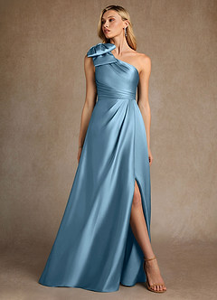 Azazie Easton Mère de la mariée Robes Robe Trapèze en Satin extensible Une épaule Acier Bleuté image4