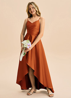 Azazie Eirlys Junior Linie A Plisat Satin elastic Asimetric Domnișoară de onoare junioră Rochie image4