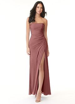 Azazie Darria Vestidos de damas de honor Vestido de Rosa Del Desierto de Chifón elástico de Corte Recto Convertible con Escote Cuadrado Plisado image1