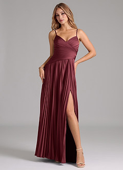 Azazie Vini Brautjungfernkleider A-Linie Plissee Stretch-Satin Kleid Merlot image1