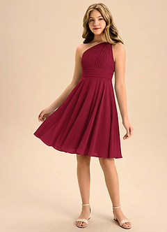Azazie Charlize Junior Burgundy A-Line Pleated Chiffon Dress image1