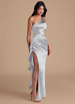 Azazie Latrice Bridesmaid Dresses Silver Sheath One Shoulder Metallic Satin Dress image1
