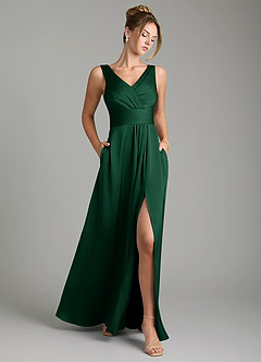 Azazie Karina Bridesmaid Dresses Dark Green A-Line Pleated Stretch Satin Dress image1