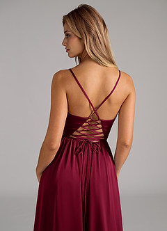 Azazie Aaida Bridesmaid Dresses Burgundy A-Line Corset Stretch Satin Dress image2