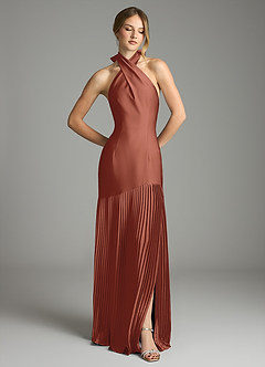 Azazie Nayeli Jurken voor bruidsmeisjes Jurk van Stretch Satijn met A-Lijn Geplooid Kastanjebruin image3