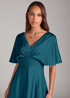 Azazie Pamela Bridesmaid Dresses Ink Blue A-Line Pleated Stretch Satin Dress image5