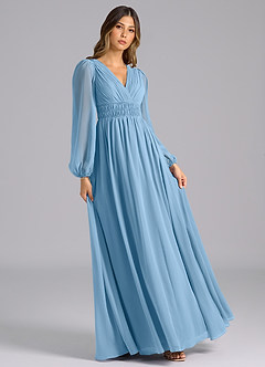 Azazie Palerma Bridesmaid Dresses Steel Blue A-Line Long Sleeve Chiffon Dress image4