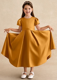 Azazie Princess Vestidos de florista Vestir Caramelo de Cetim fosco de Linha A com Plissado image3