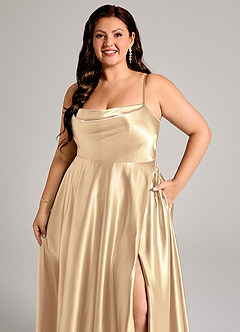 Azazie Elle Bridesmaid Dresses Gold A-Line with Pockets Metallic Satin Dress image12