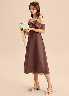 Azazie Kamilla Junior Abito A-Line in Chiffon a Spalla Scoperta Espresso image3