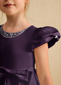 Azazie Pearl Flower Girl Dresses Plum Ball-Gown Pleated Matte Satin Dress image6
