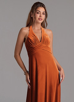 Azazie Tessie Vestidos de damas de honor Vestido de Naranja Quemada de terciopelo de Corte en A con Plisado image3