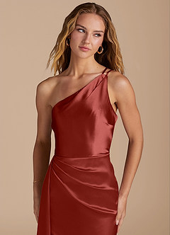 Azazie Maron Final Sale Auburn Sheath One Shoulder Metallic Satin Dress image6