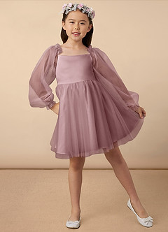Azazie Aya Flower Girl Dresses Dusty Rose A-Line with Sleeves Tulle Dress image1