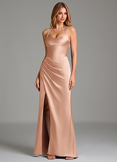 Azazie Serenity Vestidos de damas de honor Vestido Oro Rosa de Satén Elástico de Corte Sirena con Escote corazón image4