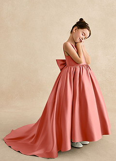 Azazie Mimia Flower Girl Dresses Salmon Pink A-Line Bow Matte Satin Dress image4
