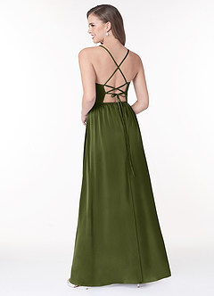 Azazie Raya Bridesmaid Dresses Olive A-Line V-Neck Pleated Stretch Satin Dress image2