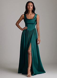 Azazie Novi Bridesmaid Dresses Peacock A-Line with Pockets Stretch Satin Dress image1