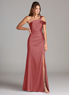 Azazie Wynter Vestidos de madrinha de casamento Vestido Rosa Antiga de Cetim elástico de Bainha com Ombro Único image4