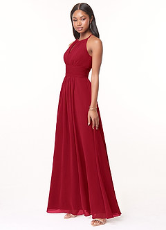 Azazie Bonnie Brautjungfernkleider A-Linie Schlüsselloch Gerüscht Chiffon Kleid Scharlachrot image3
