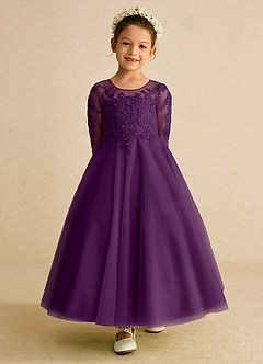 Azazie Precious Flower Girl Dresses Grape A-Line Lace Tulle Dress image4