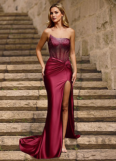 Glint Burgundy Asymmetrical Rhinestone Prom Dress image3