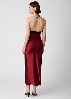 Cayley Burgundy 100% Washable Silk Halter Lace Maxi Dress image4