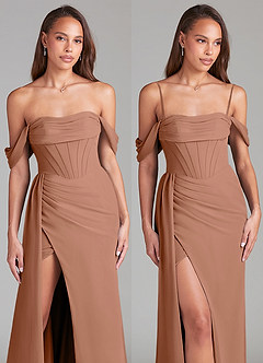 Azazie Amyra Bridesmaid Dresses Bronzer Sheath Off the Shoulder Chiffon Convertible Dress image9