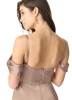 Azazie Liv Bridesmaid Dresses Taupe Sheath Off the Shoulder Metallic Satin Convertible Dress image8