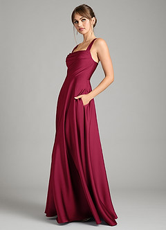 Azazie Shaude Bridesmaid Dresses Burgundy A-Line Pleated Stretch Satin Dress image4