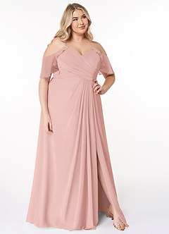 Azazie Dakota Robes de demoiselle d'honneur Robe Trapèze en Mousseline de soie Col V plissé Rose Poudré image4