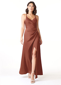Azazie Geanna Brautjungfernkleider Etui V-Hals Gefaltet Stretch-Satin Kleid Rotbraun image1