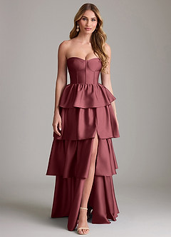 Azazie Faye Bridesmaid Dresses Merlot A-Line Ruched Stretch Satin Dress image1