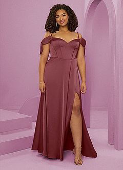 Barbie ♥ Azazie Bridesmaid Dresses Desert Rose A-Line Off the Shoulder Stretch Satin Dress image8