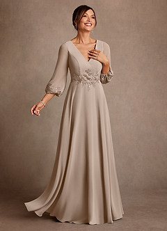 Azazie Yorba Mother of the Bride Dresses Taupe A-Line Lace Chiffon Dress image2