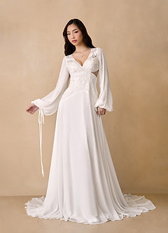 Azazie Alizea Wedding Dresses Diamond White A-Line Lace Chiffon Dress image2