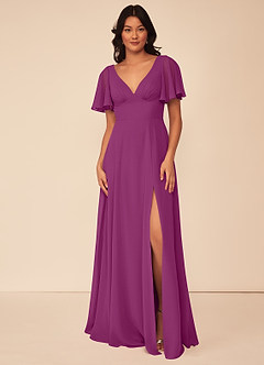 Azazie Kimber Bridesmaid Dresses Orchid A-Line Flounce Sleeve Chiffon Dress image2