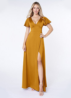 Azazie Lani Bridesmaid Dresses Butterscotch A-Line Flounce Sleeve Stretch Satin Dress image1