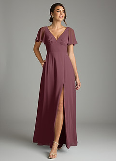 Azazie Kimber Bridesmaid Dresses Sangria A-Line Flounce Sleeve Chiffon Dress image4