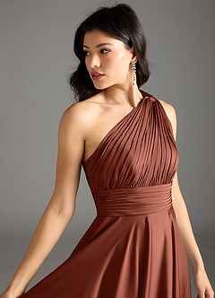 Azazie Charlize Brautjungfernkleider A-Linie One-Shoulder Stretch-Satin Kleid Lehm image7