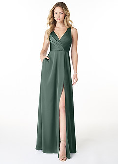 Azazie Nelly Robes de demoiselle d'honneur Robe Trapèze en Satin extensible Col en V Plissé Mousse De Mer image1