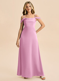 Azazie Lettie Junior Candy Pink A-Line Off the Shoulder Stretch Satin Dress image4