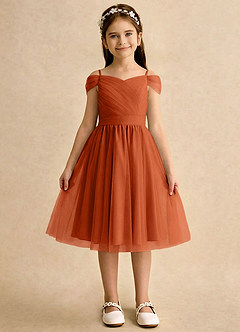 Azazie Lila Girls Formal Flower Girl Dresses Burnt Orange A-Line Off the Shoulder Tulle Dress image1