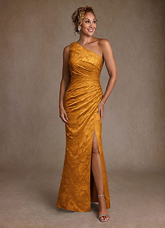 Azazie Joylin Mother of the Bride Dresses Butterscotch Trumpet One Shoulder Floral Burnout Dress image1