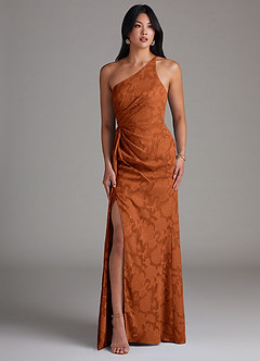 Azazie Mika Bridesmaid Dresses Burnt Orange Sheath One Shoulder Floral Burnout Dress image3